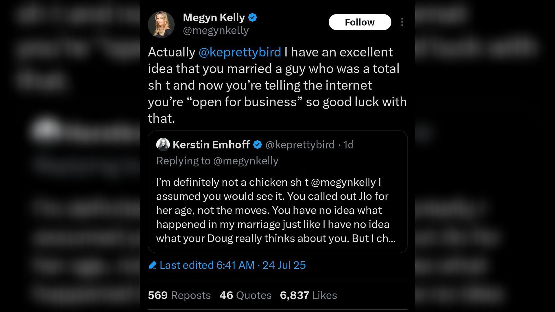 Kelly's response to Emhoff's tweet (Image via X/@megynkelly)